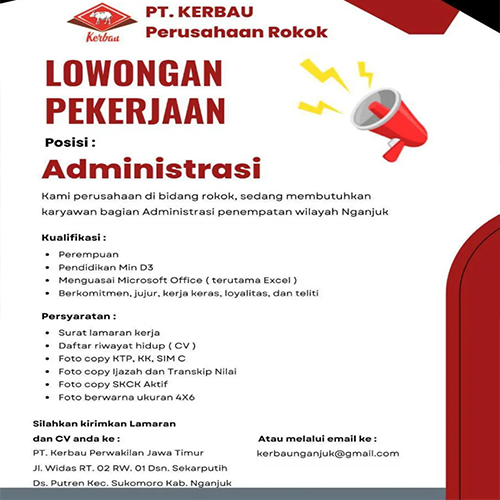 Lowongan Kerja Administrasi Nganjuk PT Kerbau Terbaru 2026