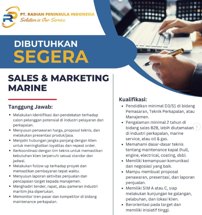 Lowongan Sales Marketing Marine untuk Industri Perkapalan