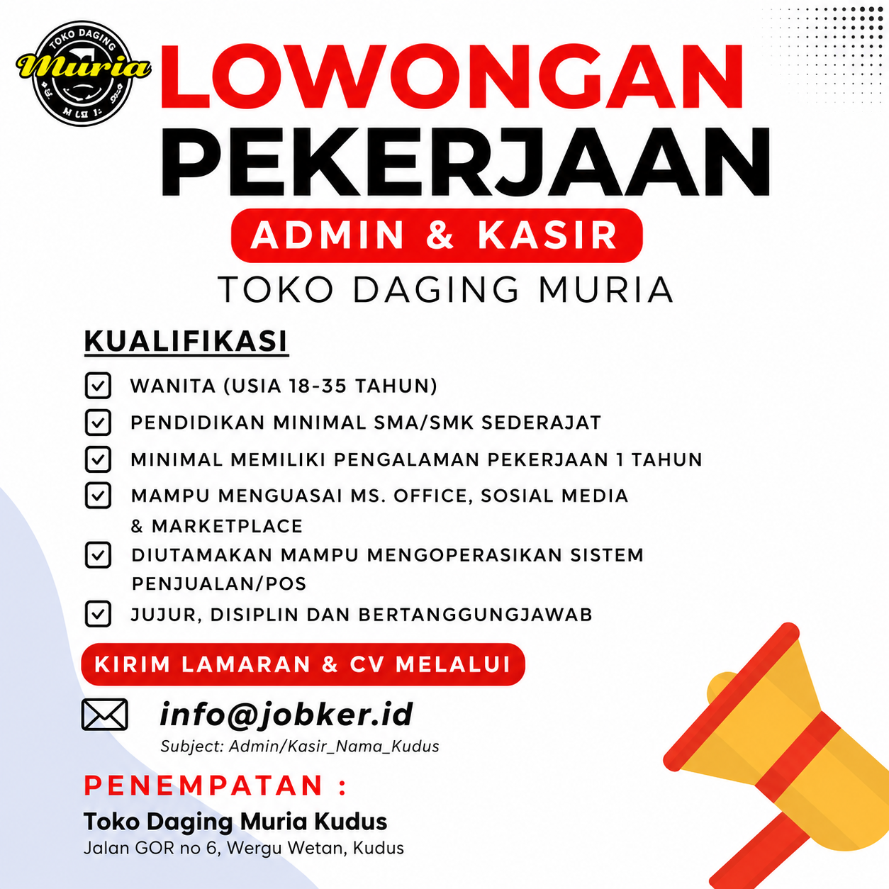 Lowongan Kerja Admin Kasir Toko Daging Muria Kudus 2026